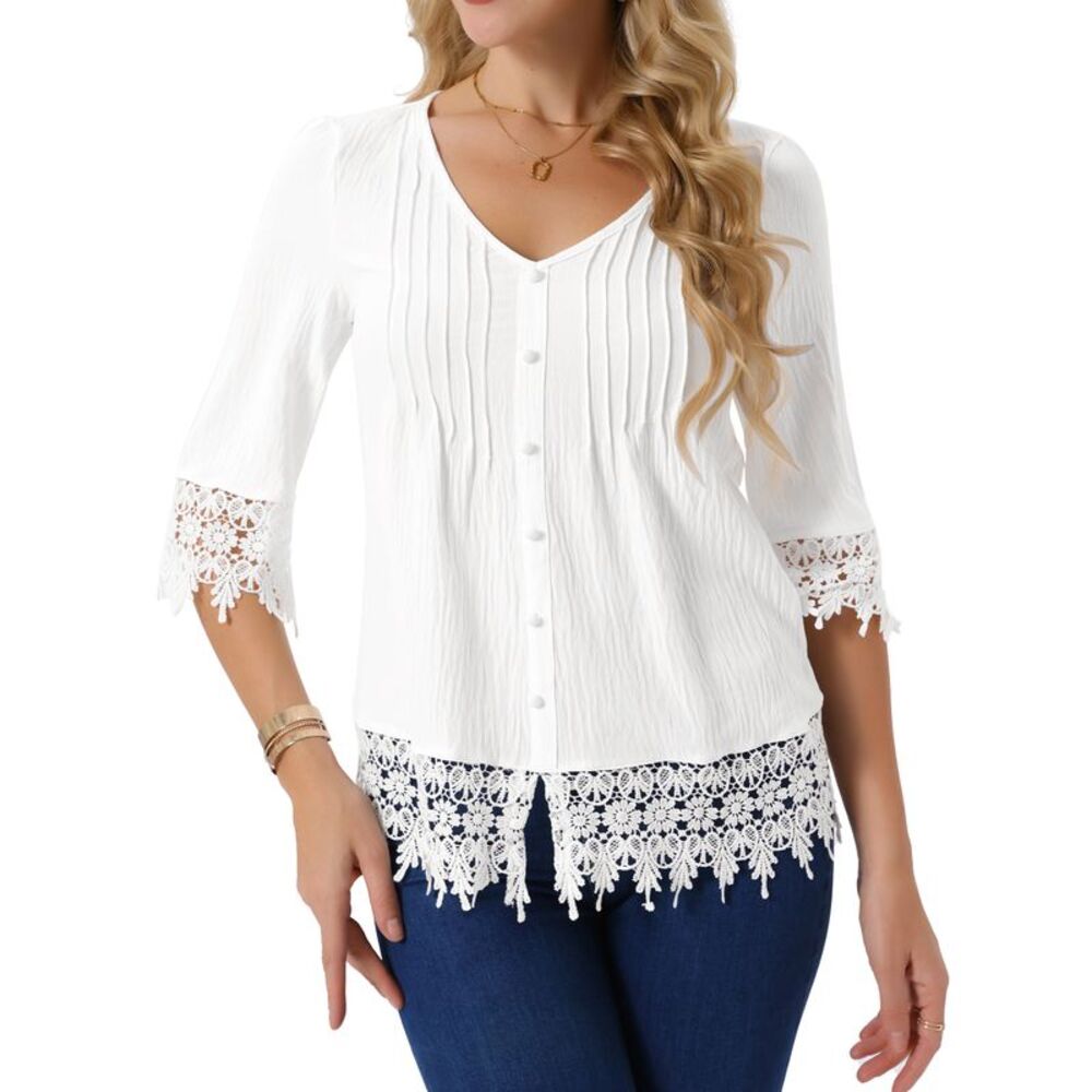 V Neck 3/4 Sleeve Hollow Out Solid Tunic Loose Summer T-Shirt White